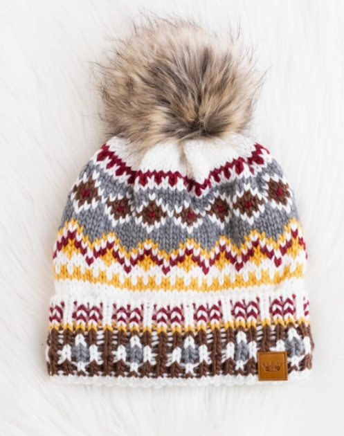 White & Multicolored Patterned Pom Hat