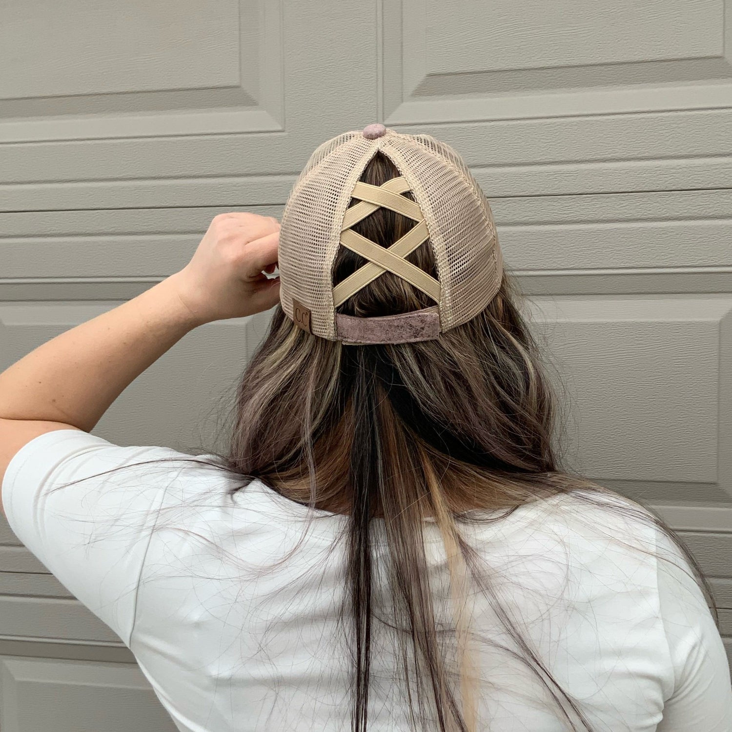 Vintage Faux Leather Criss-Cross High Pony Baseball Hat in Rose