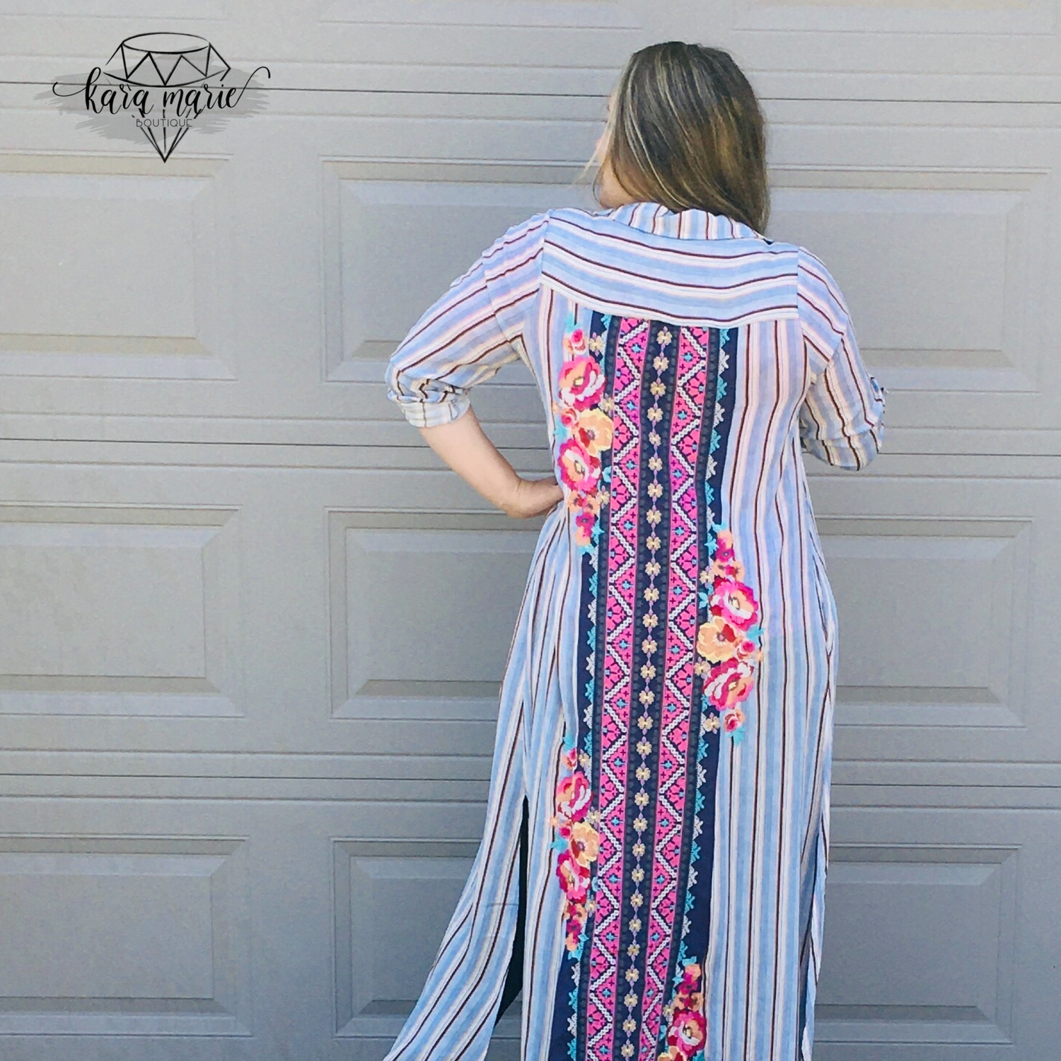 Blue Striped Embroidered Long Button Dress or Cover - KaraMarie Boutique