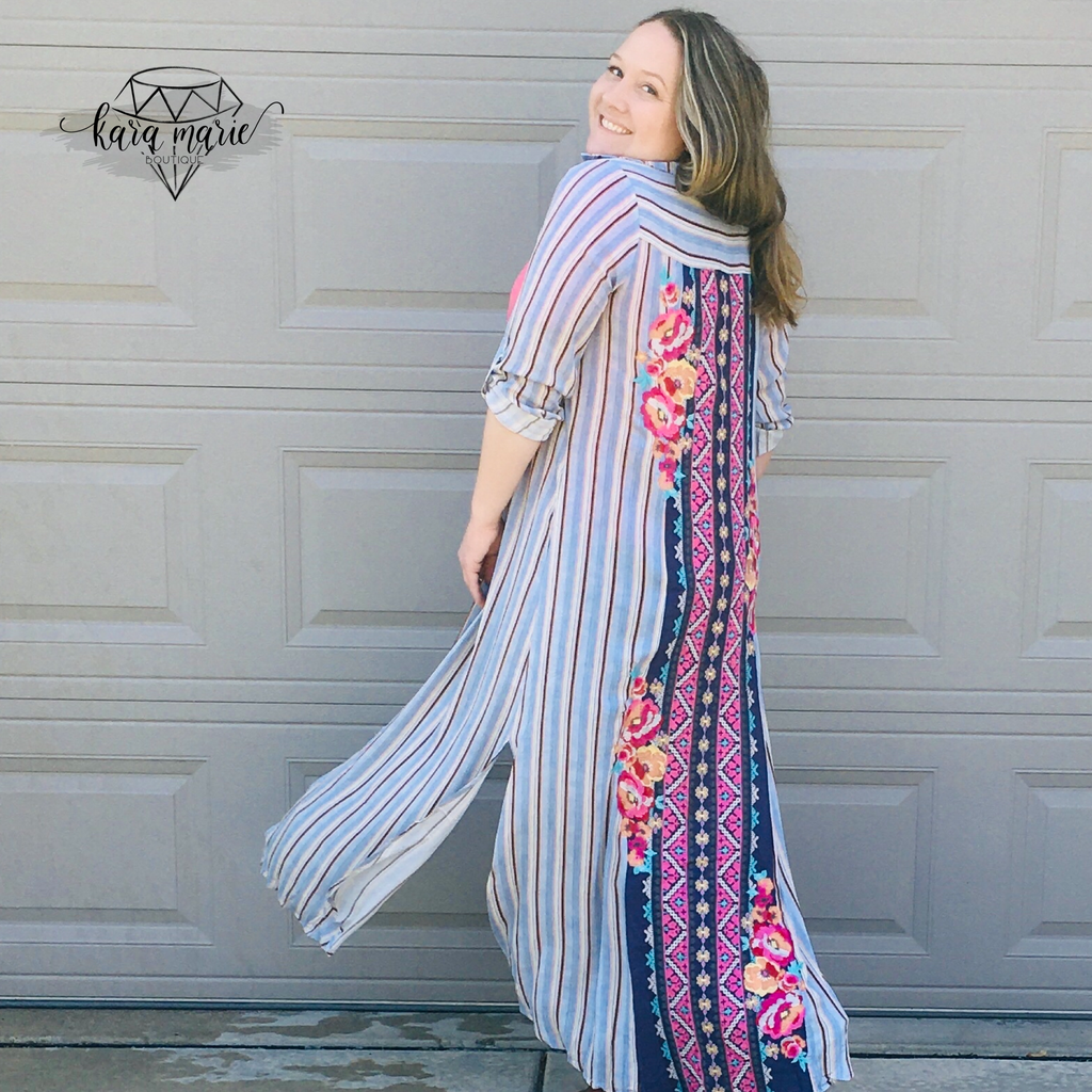Blue Striped Embroidered Long Button Dress or Cover - KaraMarie Boutique